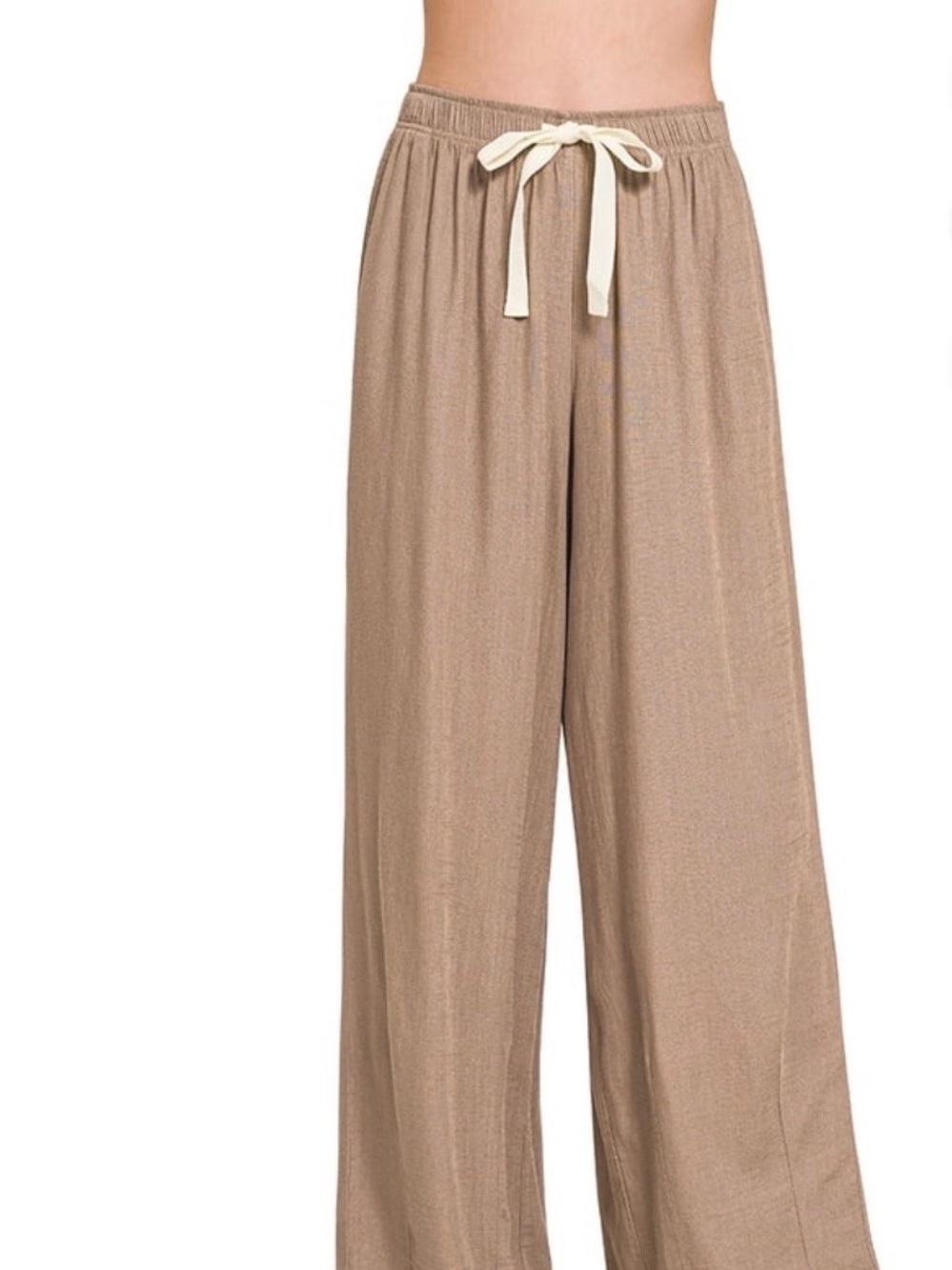 Zenana Outfitters Relaxed Wide Leg Pants in Taupe with Cream Drawstring